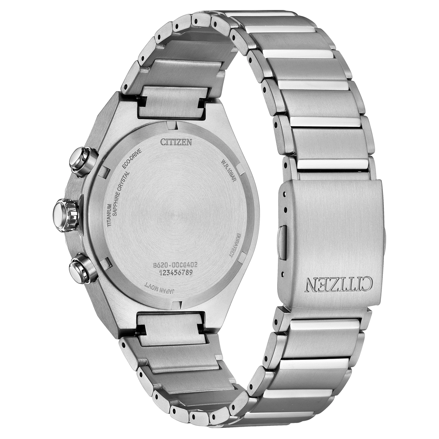 Citizen-Uhrrückseite, Titan, Saphirglas, Eco-Drive, W.R. 10BAR, Japan Movt.
