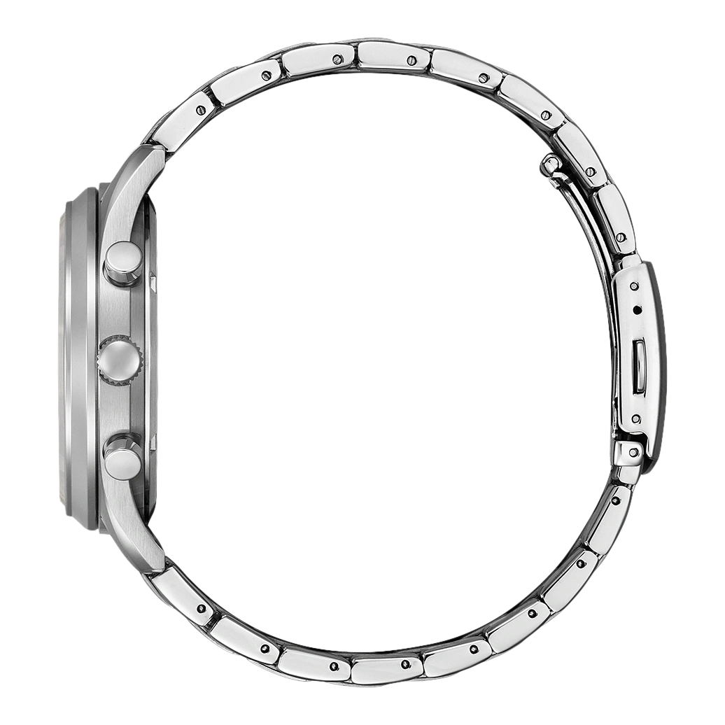 Seitenansicht einer silbernen Armbanduhr mit Metallband und Knöpfen.