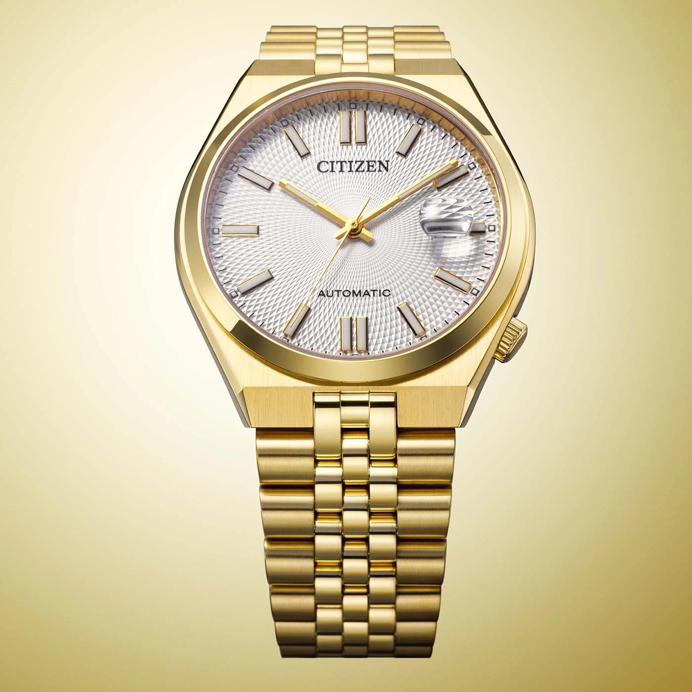 Goldene Citizen Automatik-Uhr mit weißem, strukturiertem Zifferblatt.