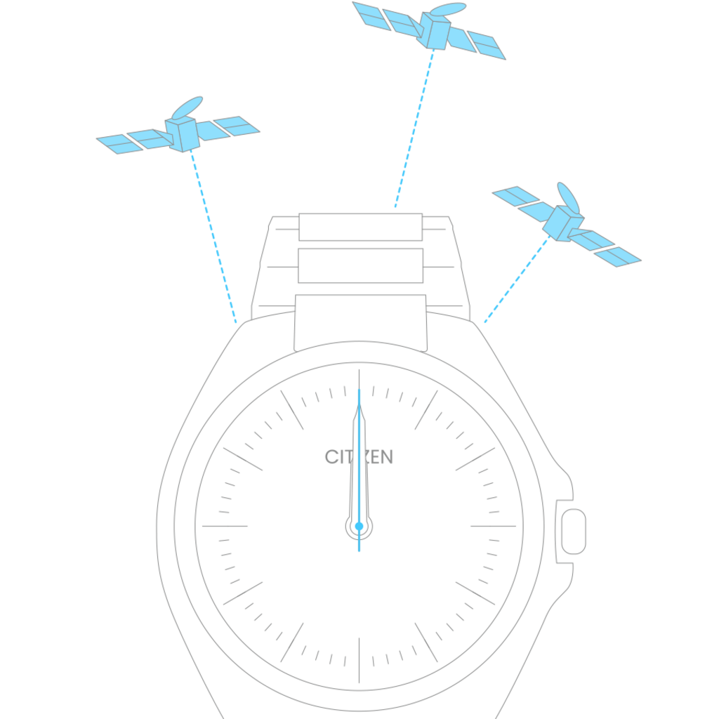 Citizen-Uhr mit Satelliten, Zeitsynchronisation, schwarzer Hintergrund, Illustration