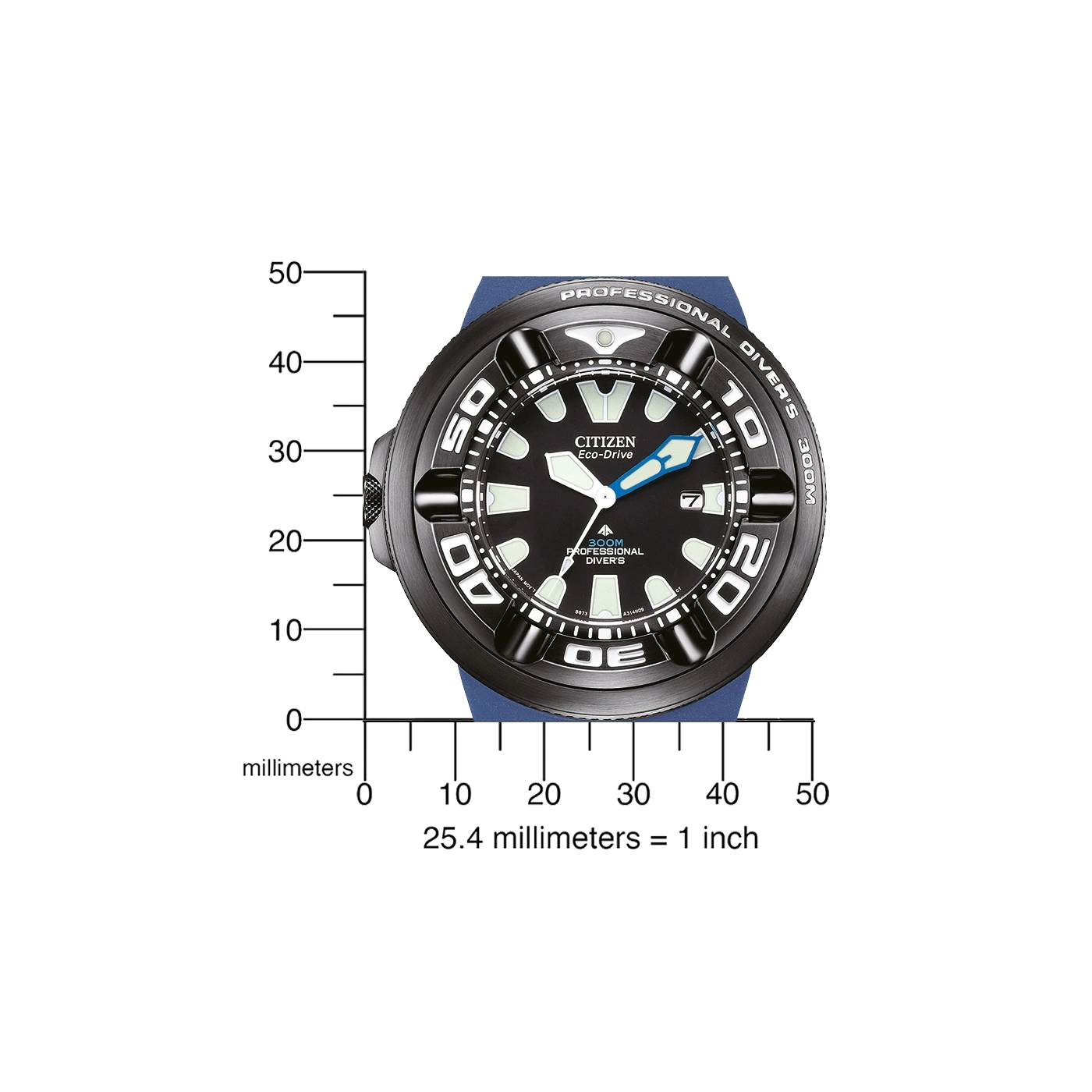 Citizen-Uhr mit schwarzem Zifferblatt, blauem Armband und professionellen Taucherdetails.