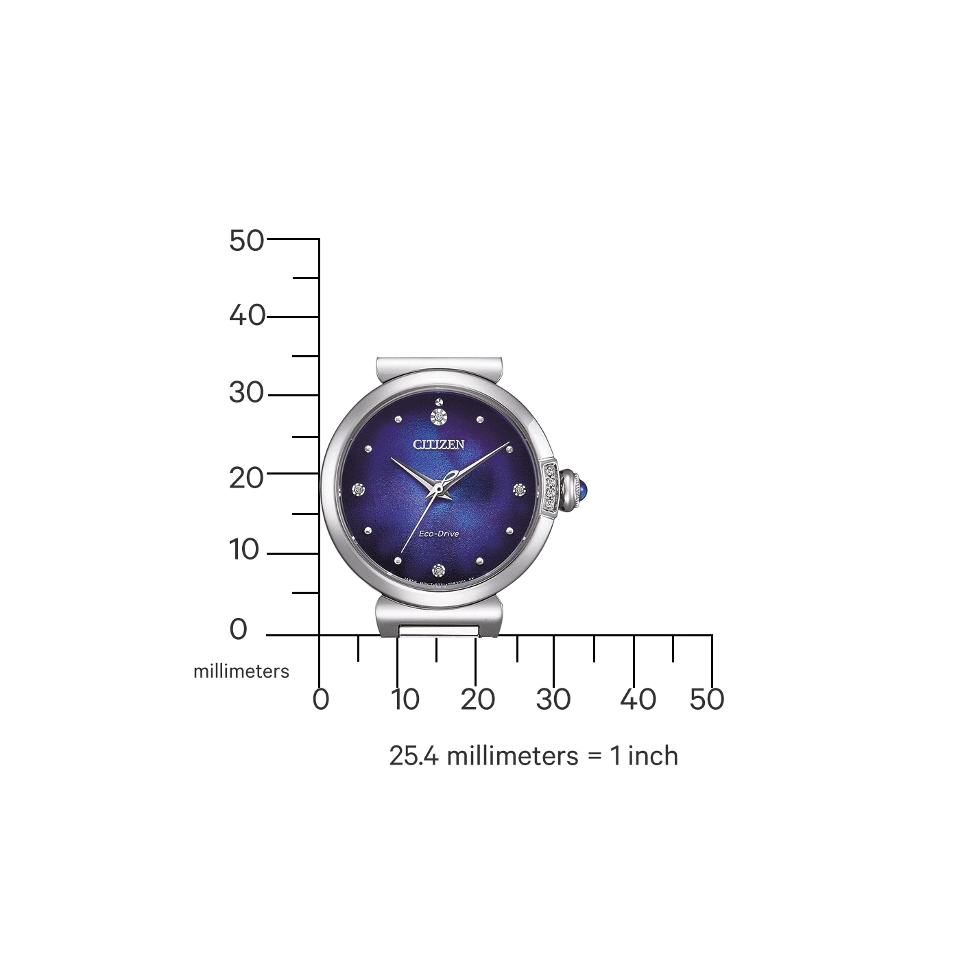 Citizen-Uhr mit blauem Zifferblatt, Diamanten und Eco-Drive-Technologie, mit einer Millimeterskala.