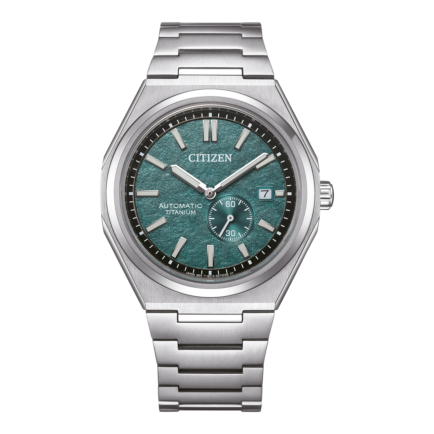 Citizen-Uhr mit grünem Zifferblatt, Automatik-Titan und Datumsanzeige.