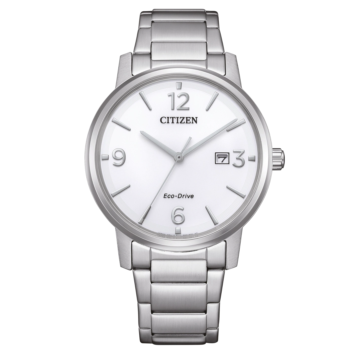 Citizen-Uhr mit weißem Zifferblatt und silbernem Armband, Eco-Drive-Technologie.