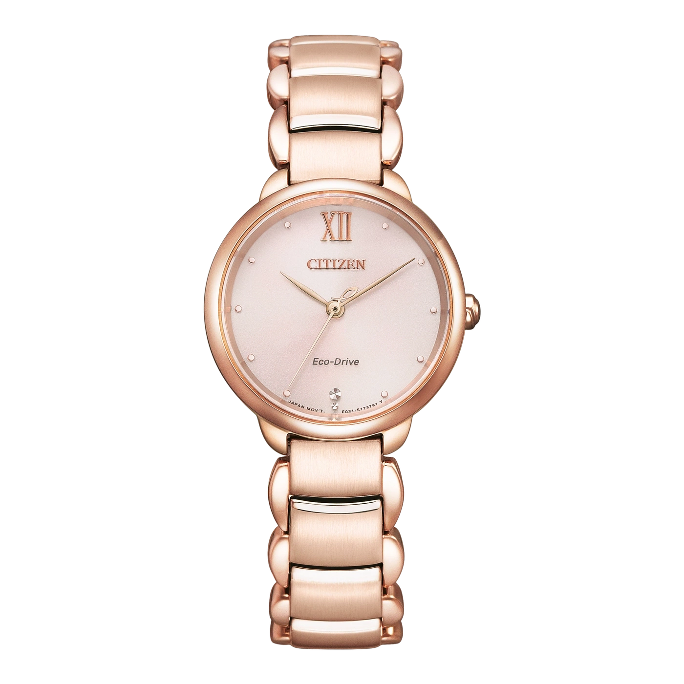 Roségoldene Citizen-Uhr mit hellrosa Zifferblatt und passendem Armband.