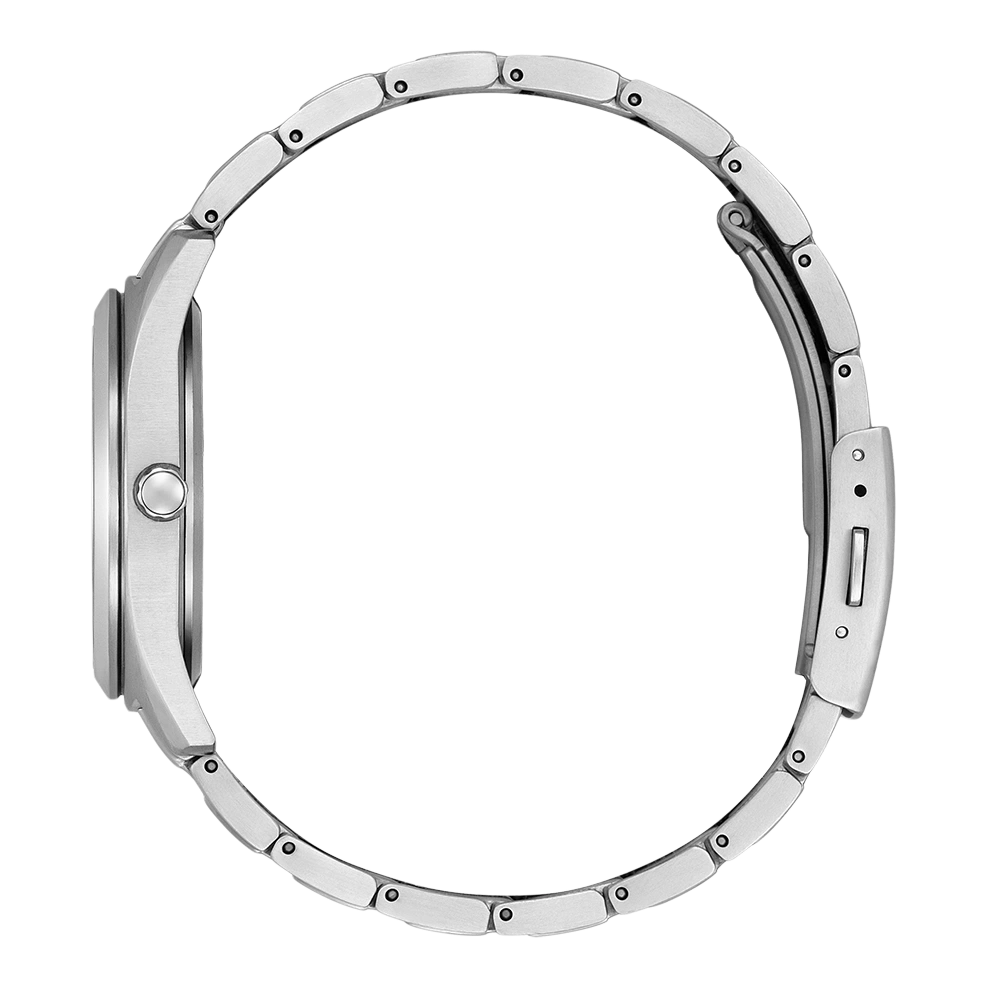 Seitenansicht einer silbernen Armbanduhr mit Metallband, elegant und modern.