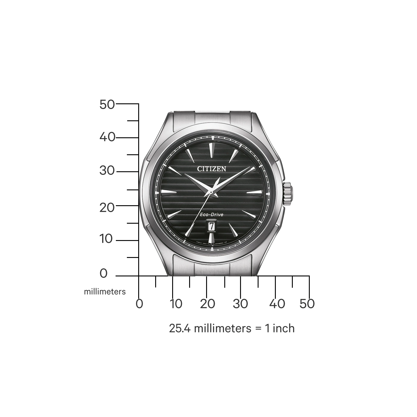 Citizen-Uhr mit schwarzem Zifferblatt, Eco-Drive und Datumsanzeige. Silbernes Armband.
