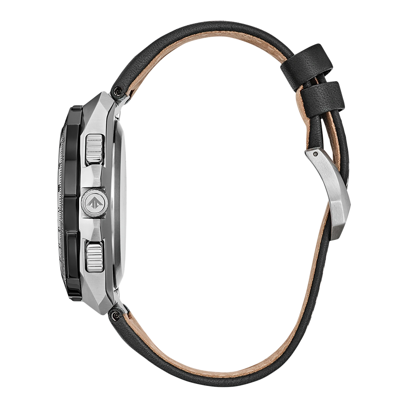 Seitenansicht einer silbernen Uhr mit schwarzem Lederarmband.