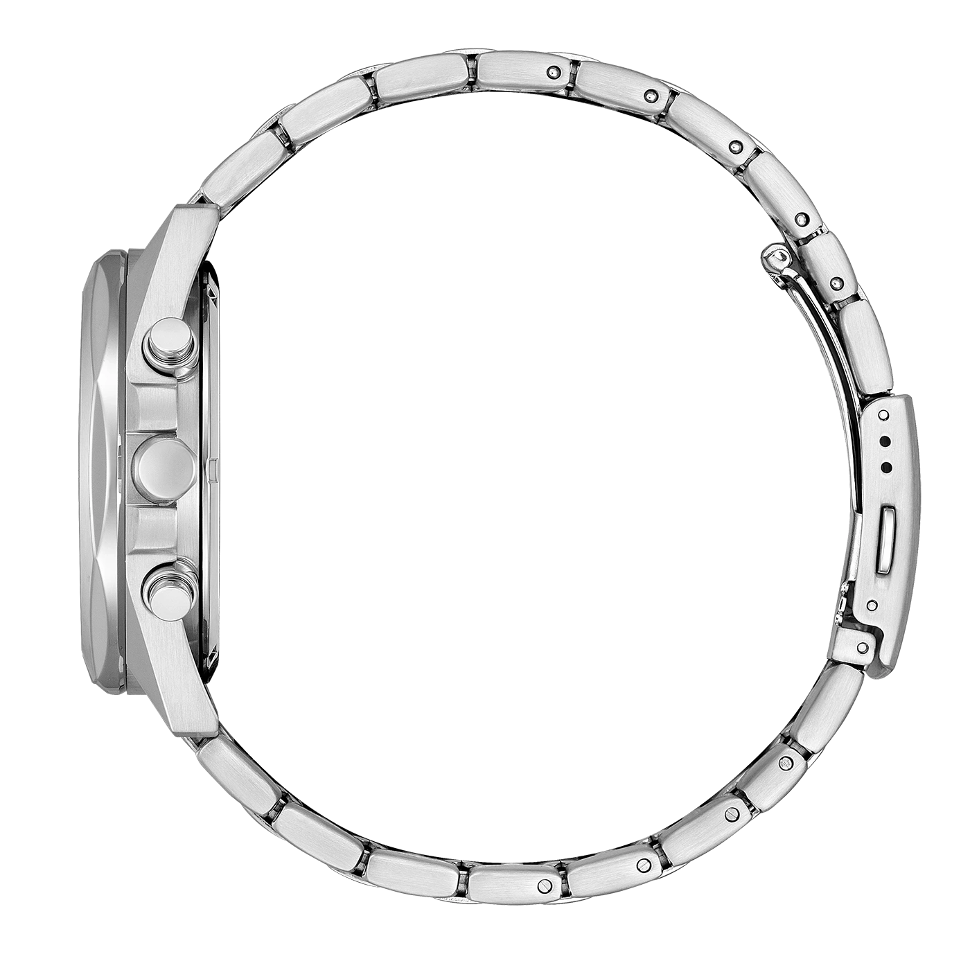 Seitenansicht einer silbernen Armbanduhr mit Metallband und Knöpfen.