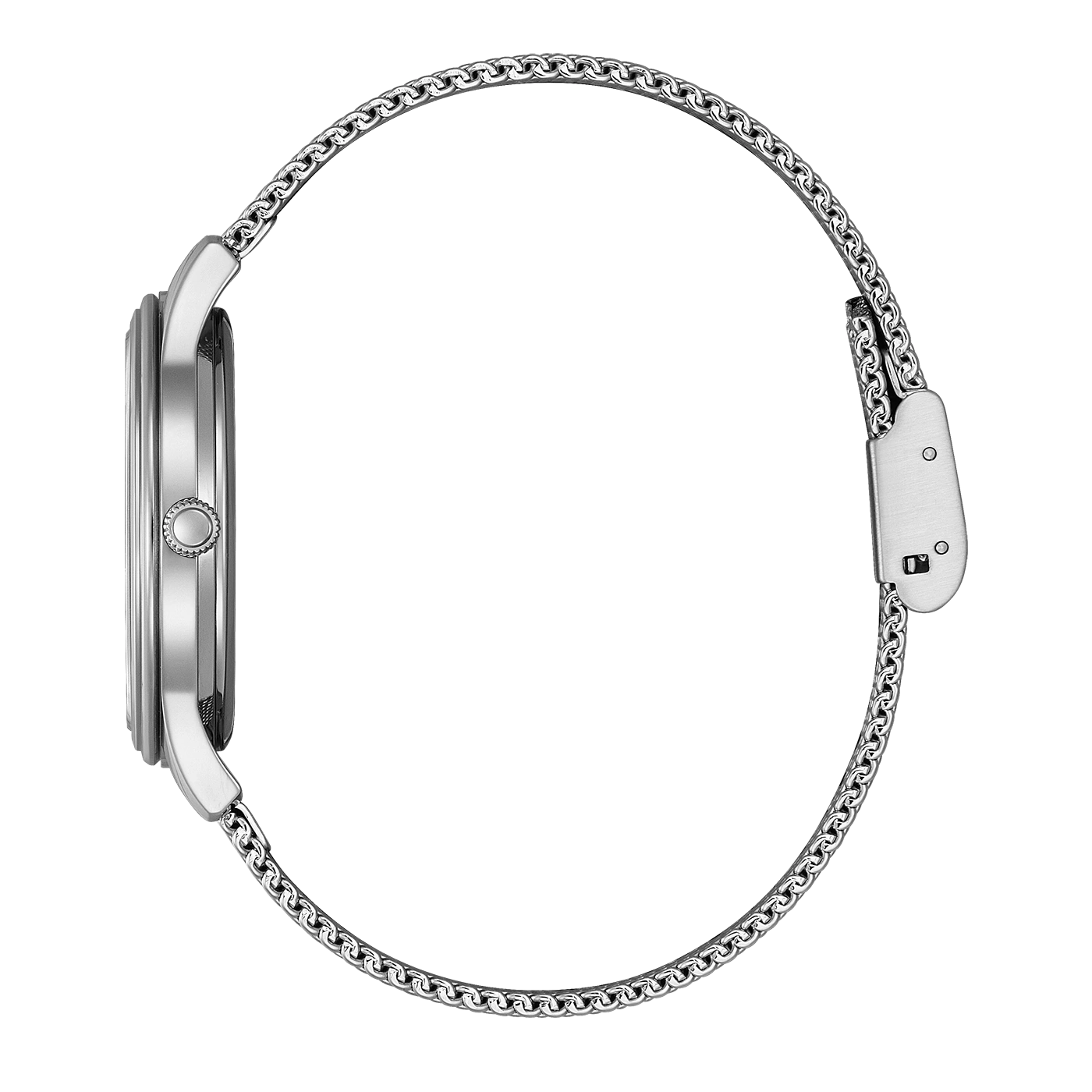 Seitenansicht einer silbernen Uhr mit Milanaise-Armband.