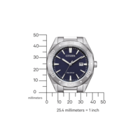 Citizen-Uhr mit blauem Zifferblatt, silberner Lünette und Eco-Drive-Technologie. Zeigt die Zeit an.