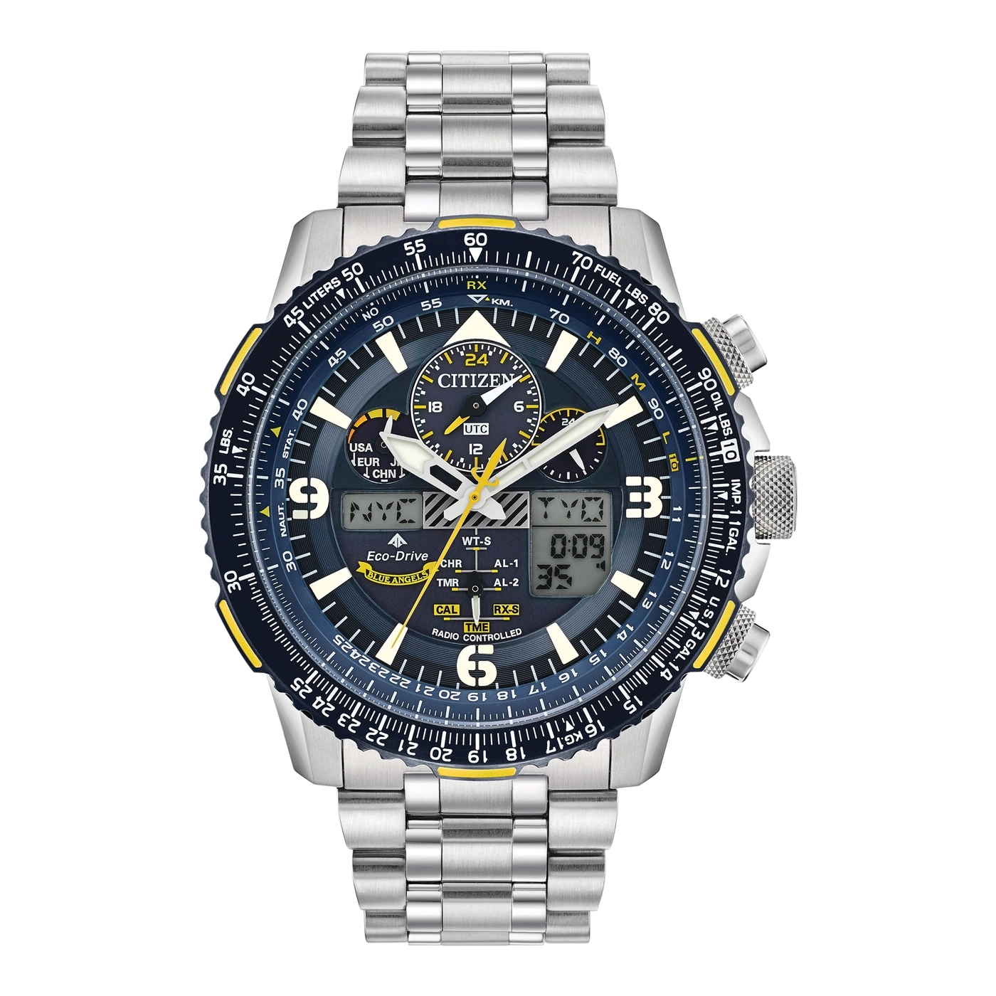 Citizen-Uhr mit blauen und gelben Akzenten, Edelstahlband und mehreren Zifferblättern.