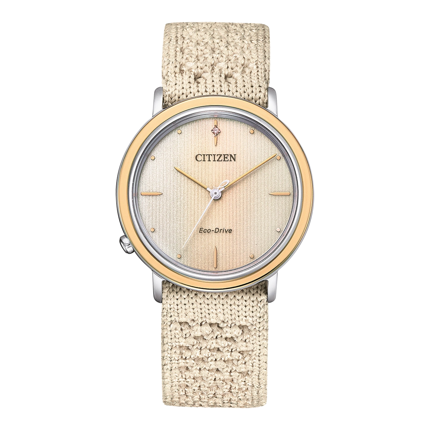 Citizen-Uhr mit beigem Strickarmband und goldfarbener Lünette, Eco-Drive-Technologie.