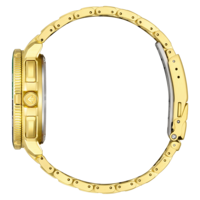 Ein goldenes Uhrenarmband mit schwarzem Hintergrund.
