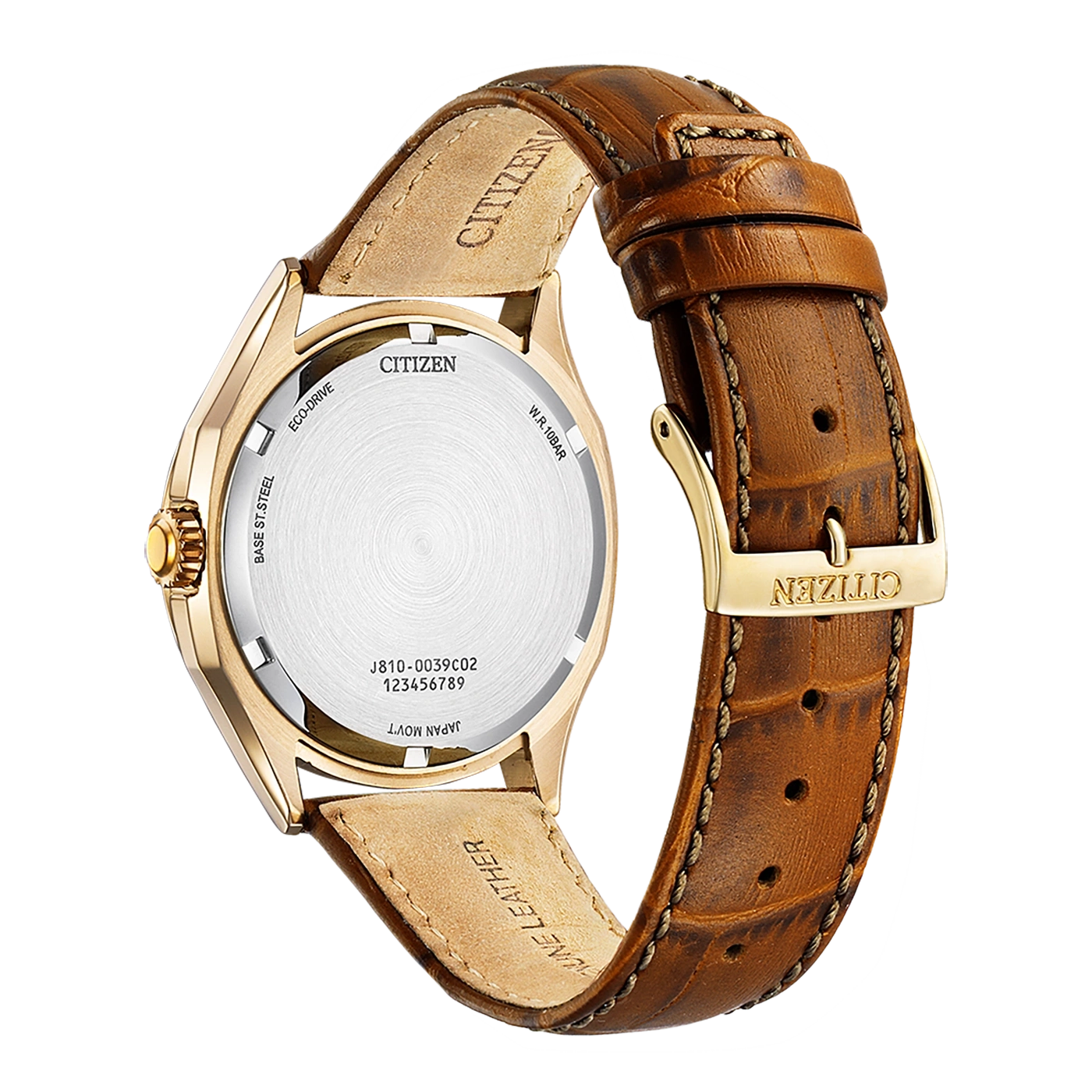 Citizen-Uhr mit Lederarmband, Goldgehäuse und Eco-Drive-Technologie.