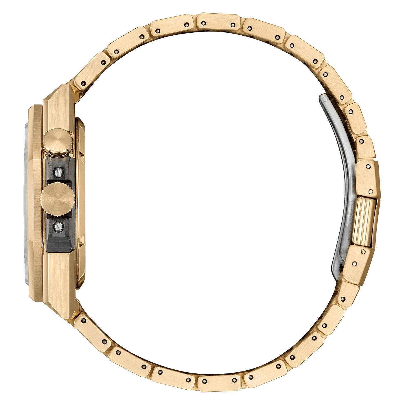 Goldene Uhr Seitenansicht, zeigt das Armband und die Details des Zifferblatts.