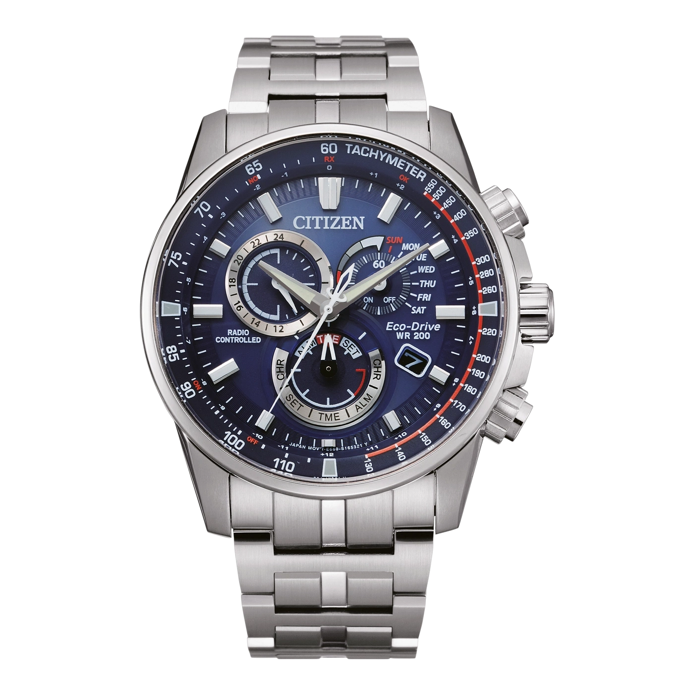Citizen-Uhr mit blauem Zifferblatt, Tachymeter, funkgesteuert, Edelstahlarmband.