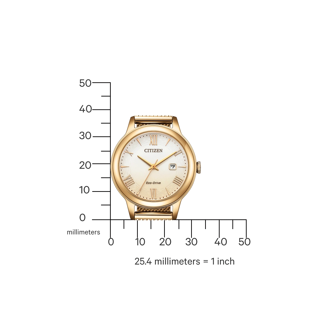 Goldene Citizen-Uhr mit römischen Ziffern, Datumsanzeige und Eco-Drive-Technologie.