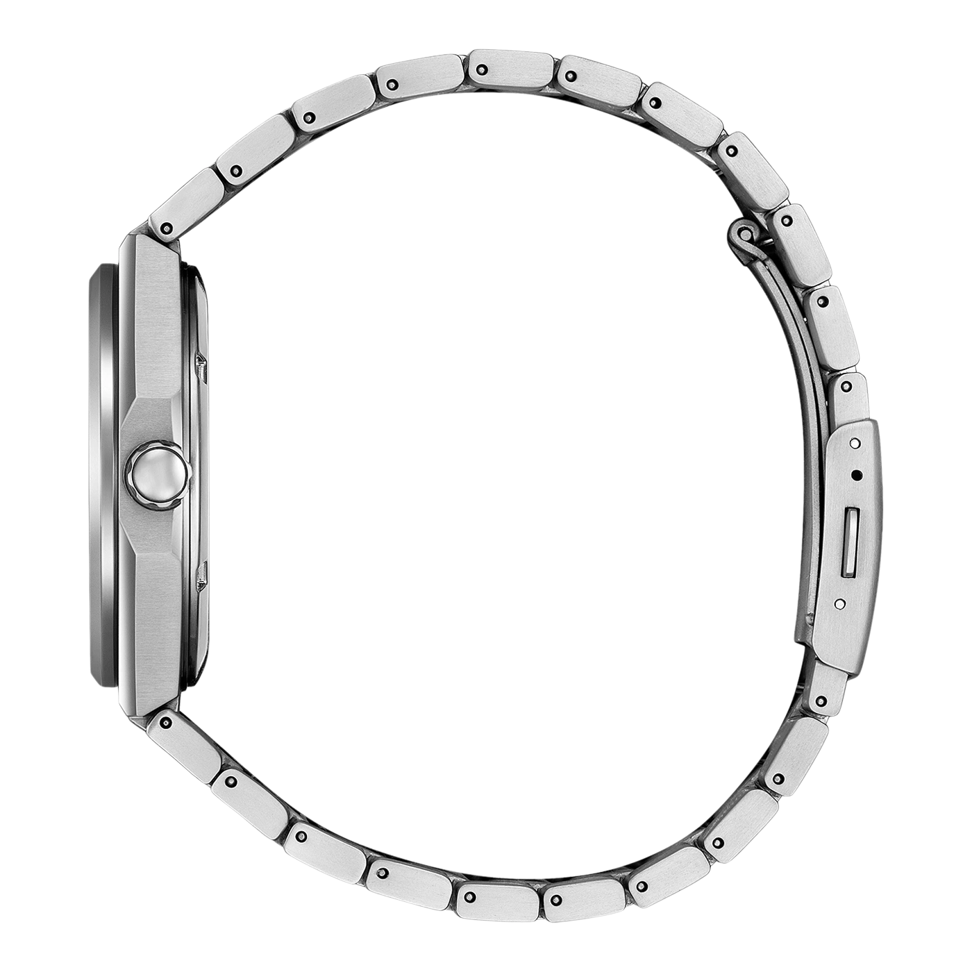 Seitenansicht einer silbernen Uhr mit Metallarmband auf schwarz-weißem Hintergrund.