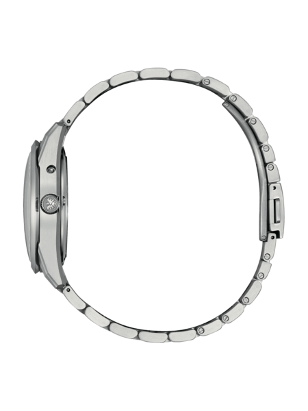 Seitenansicht einer silbernen Armbanduhr mit Metallband auf schwarzem Hintergrund.