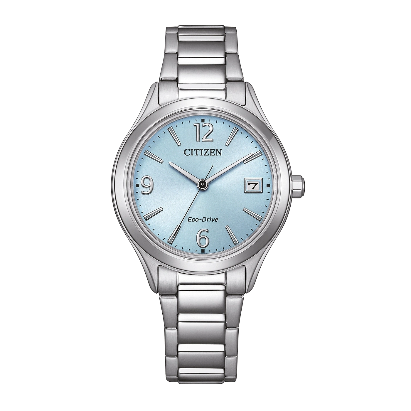 Eine silberne Citizen Eco-Drive Uhr mit hellblauem Zifferblatt.