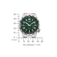 Citizen-Uhr mit Kompass und Eco-Drive-Technologie, grünes Zifferblatt, silbernes Gehäuse.