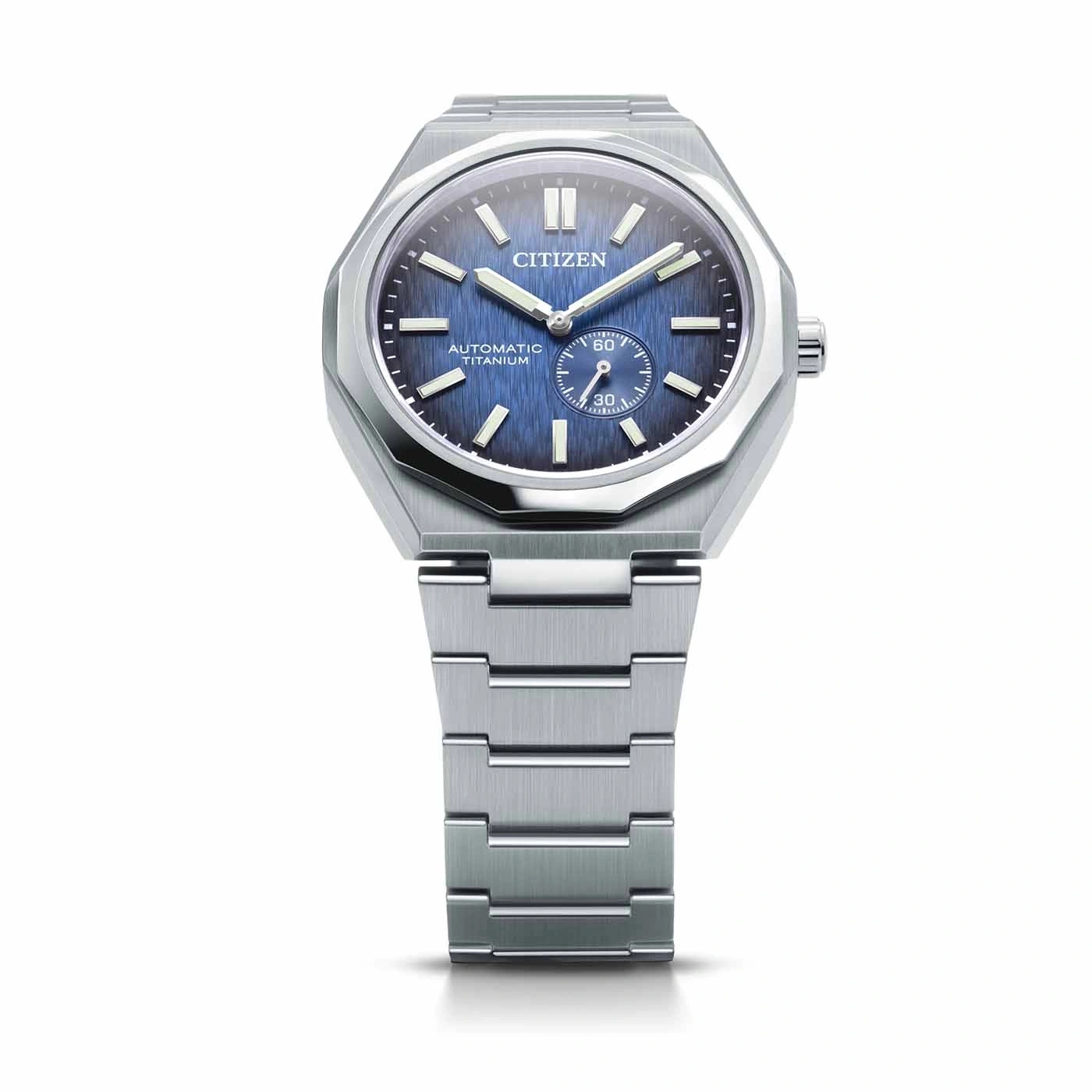 Citizen-Uhr mit blauem Zifferblatt und Titanarmband, Automatikwerk.