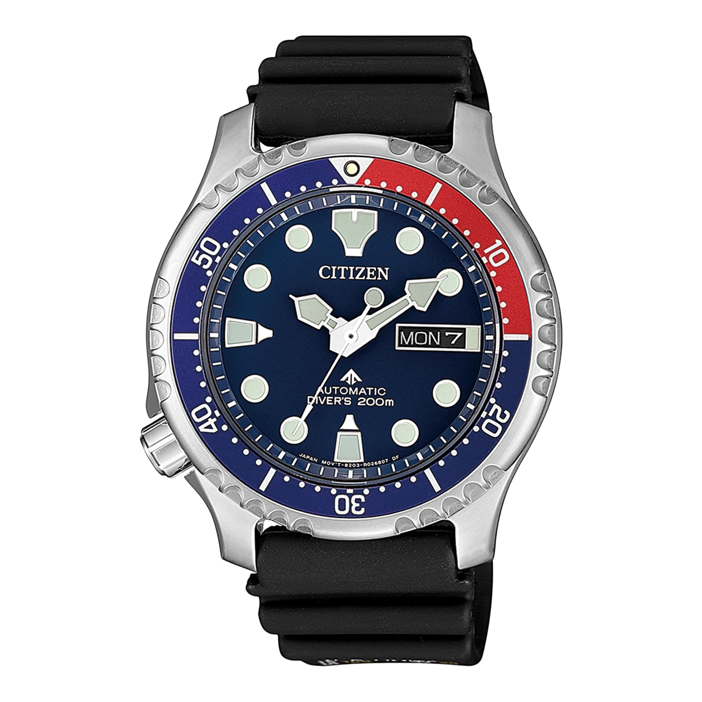Citizen-Uhr mit blau-roter Lünette, schwarzem Armband und Tages-/Datumsanzeige.
