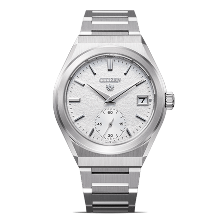 This image shows a Citizen watch with a silver-toned case, textured white dial, and black strap.