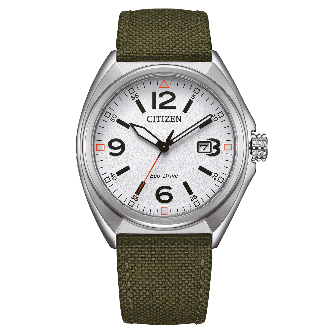 Citizen-Uhr mit weißem Zifferblatt, schwarzen Zahlen und grünem Armband.