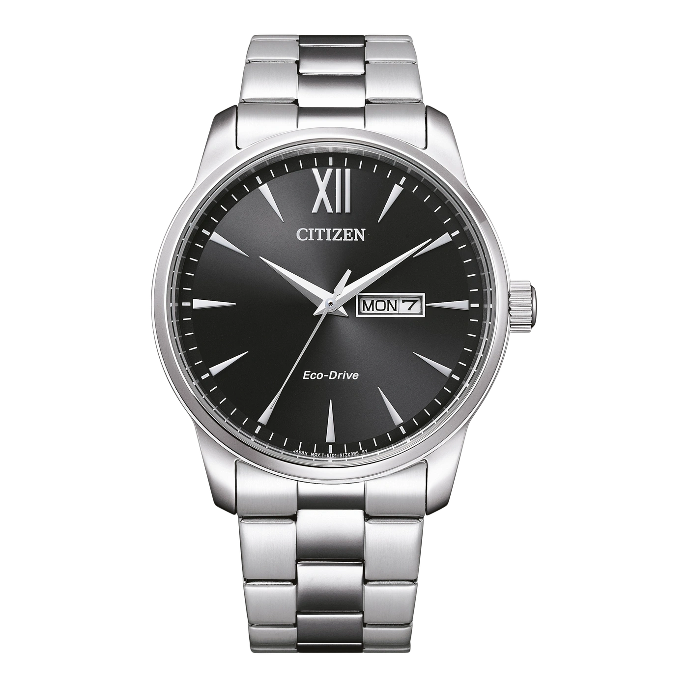 Citizen-Uhr mit schwarzem Zifferblatt, silbernem Armband und Tages-/Datumsanzeige.