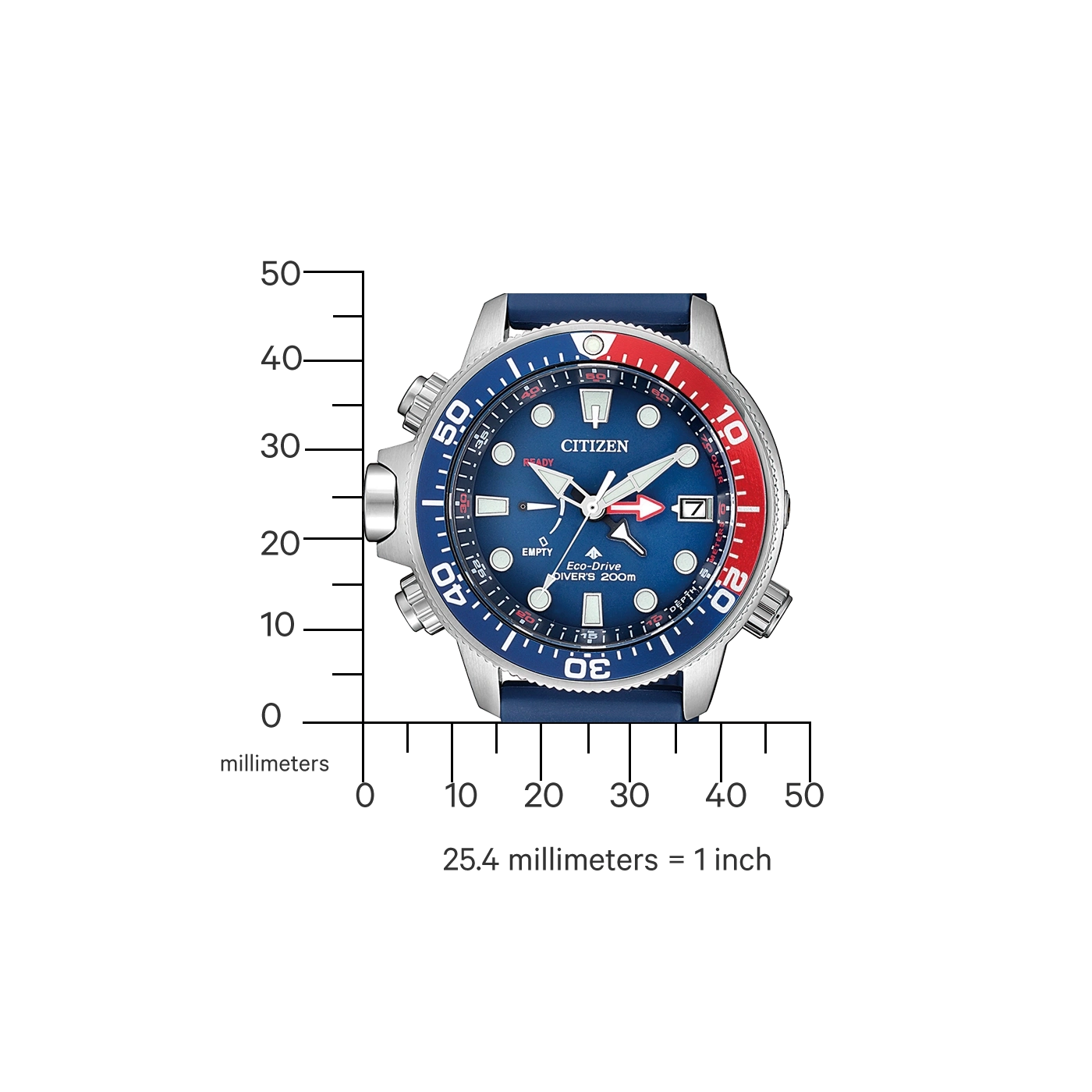 Citizen-Uhr mit blau-roter Lünette, blauem Armband und Tiefenmesser.