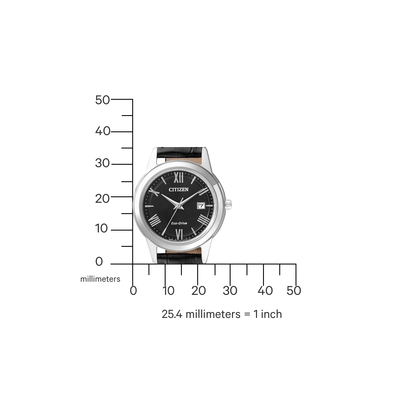 Citizen-Uhr mit schwarzem Zifferblatt und Lederarmband, Messskala in Millimetern.