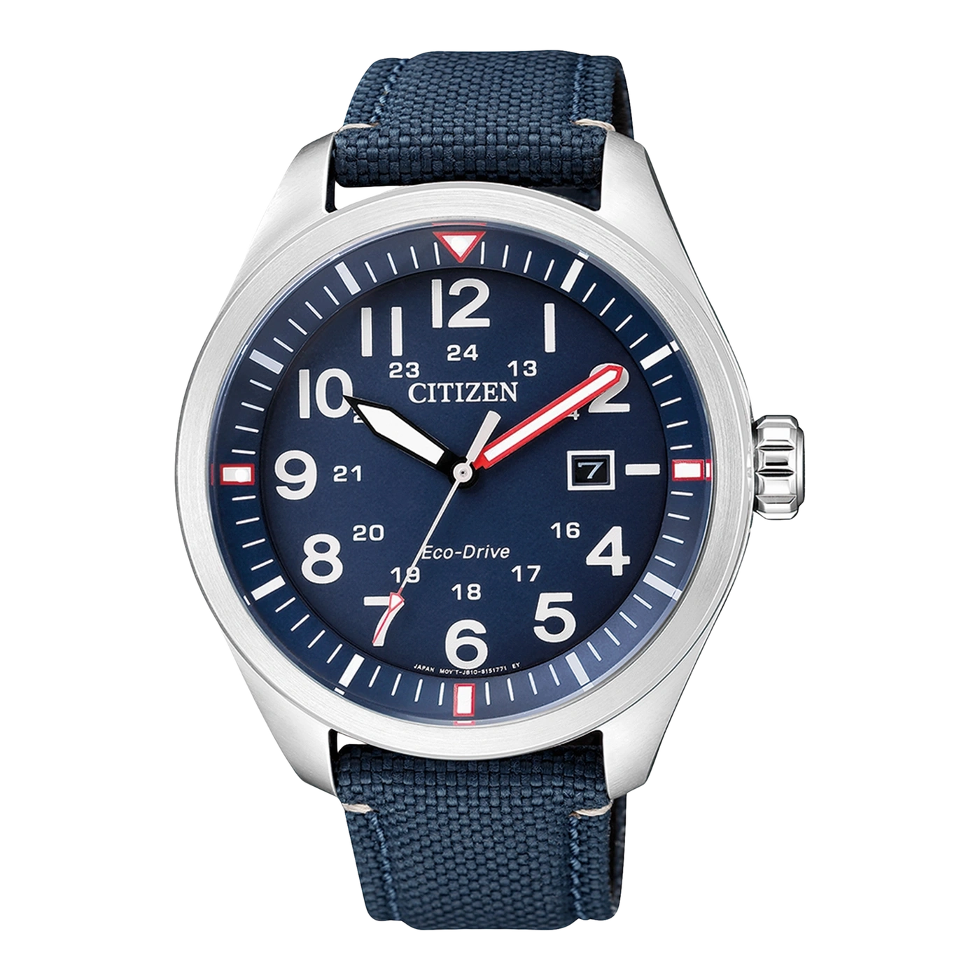 Citizen-Uhr mit blauem Zifferblatt und blauem Stoffarmband, Eco-Drive.