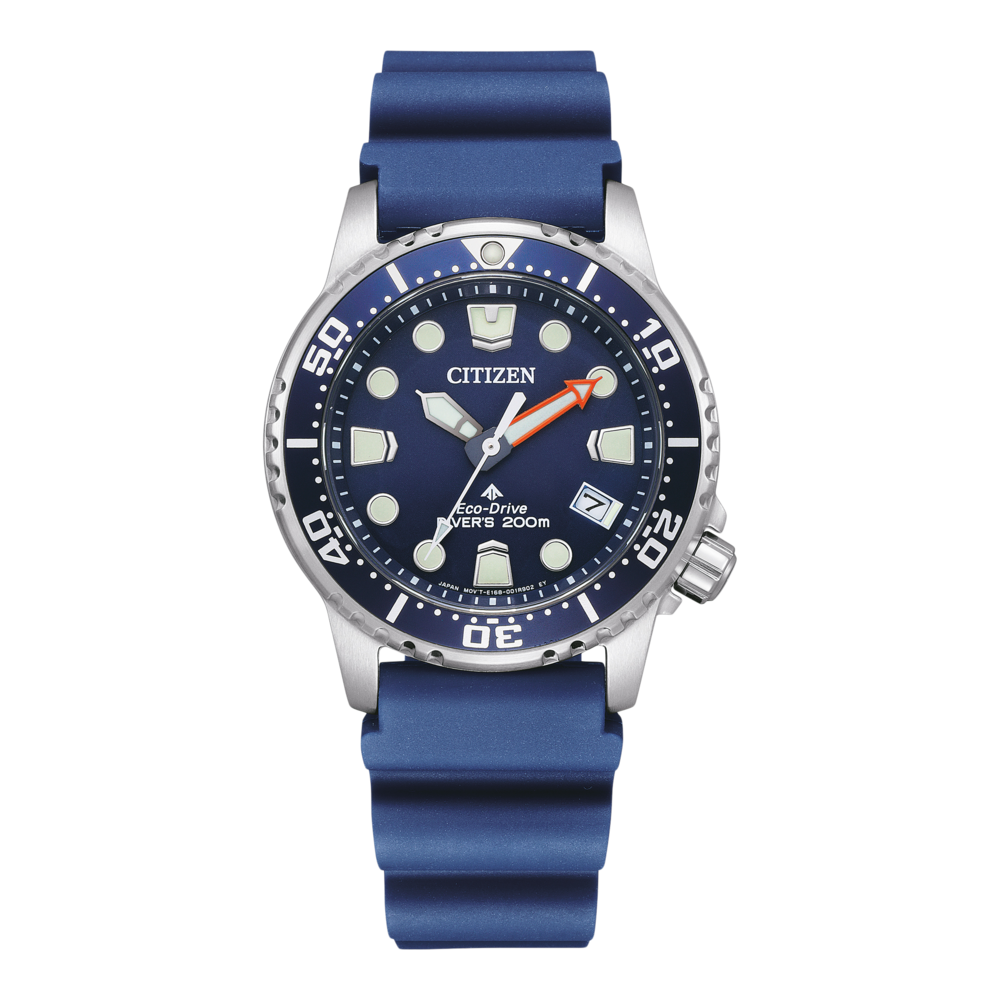 Blaue Citizen-Uhr mit blauem Armband und dunkelblauem Zifferblatt.