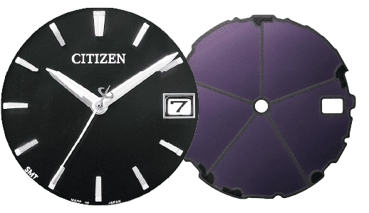 Zifferblatt der Citizen-Uhr mit Zeigern, Datum und separater lila Komponente.