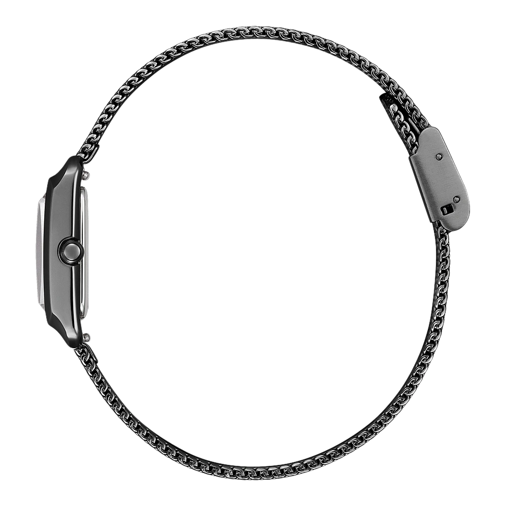 Seitenansicht einer schwarzen Uhr mit Kette, elegant und modern, minimalistisch.