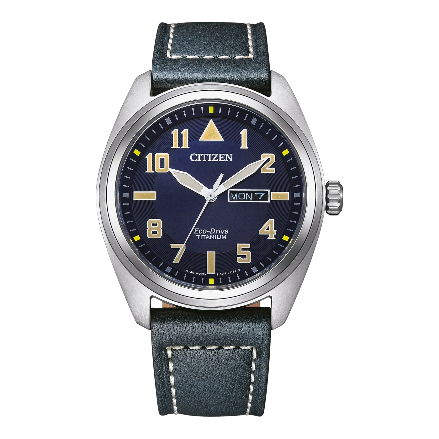 Citizen-Uhr mit blauem Zifferblatt, Titan und Lederarmband. Eco-Drive-Technologie.