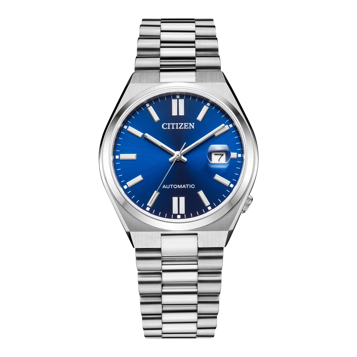 Citizen-Uhr mit blauem Zifferblatt und silbernem Armband, Automatikwerk.