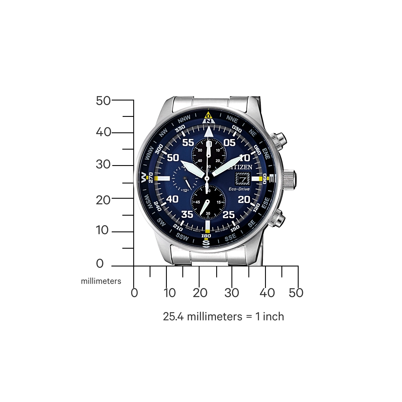 Citizen-Uhr mit blauem Zifferblatt, Anzeige von Zeit und Kompassmarkierungen, mit silbernem Armband.