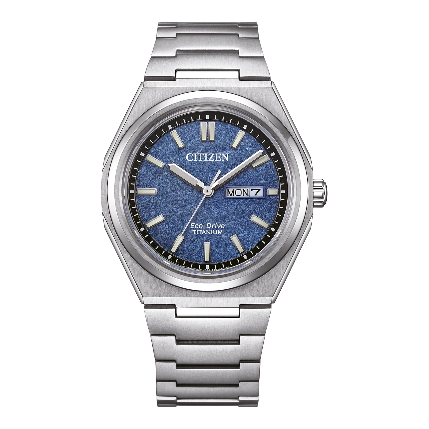 Citizen-Uhr mit blauem Zifferblatt und Titanarmband, Eco-Drive-Technologie.