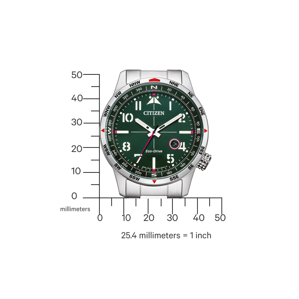 Citizen-Uhr mit Kompass und Eco-Drive-Technologie, grünes Zifferblatt, silbernes Gehäuse.