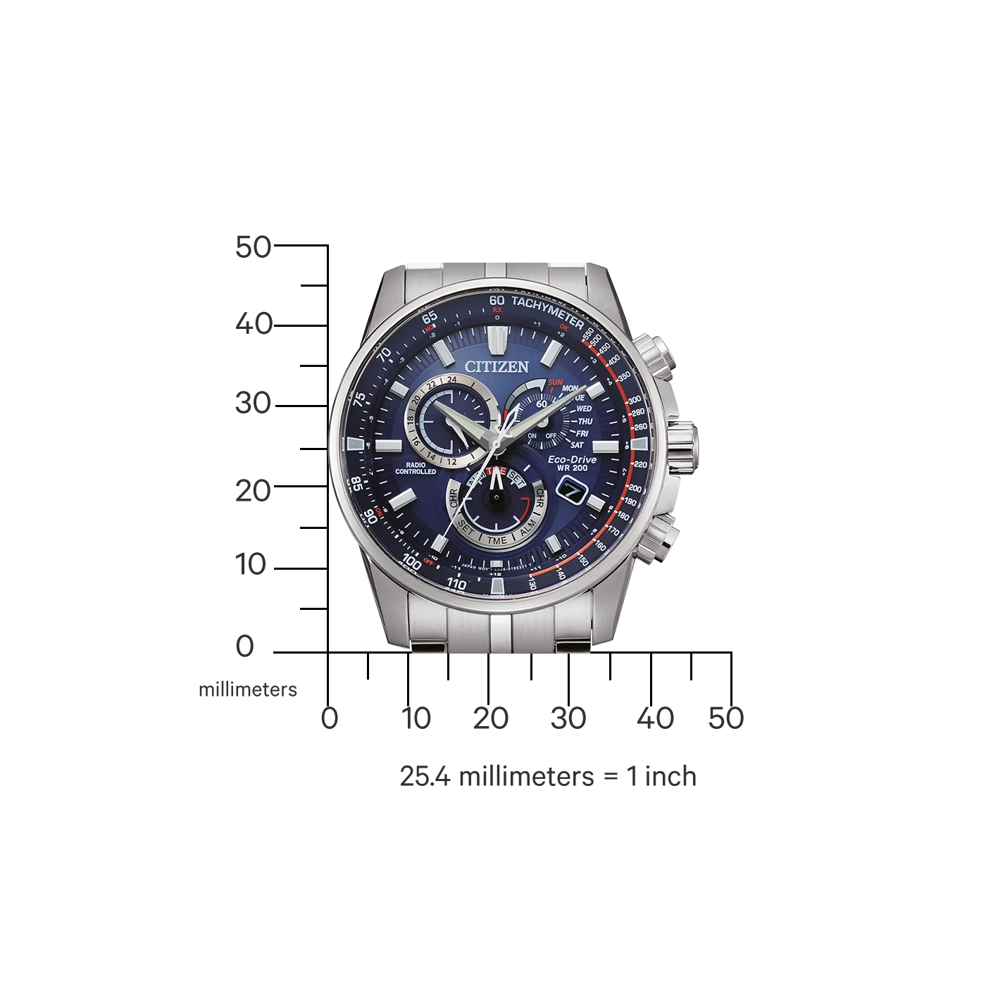 Citizen-Uhr mit blauem Zifferblatt, Tachymeter und funkgesteuerten Funktionen.
