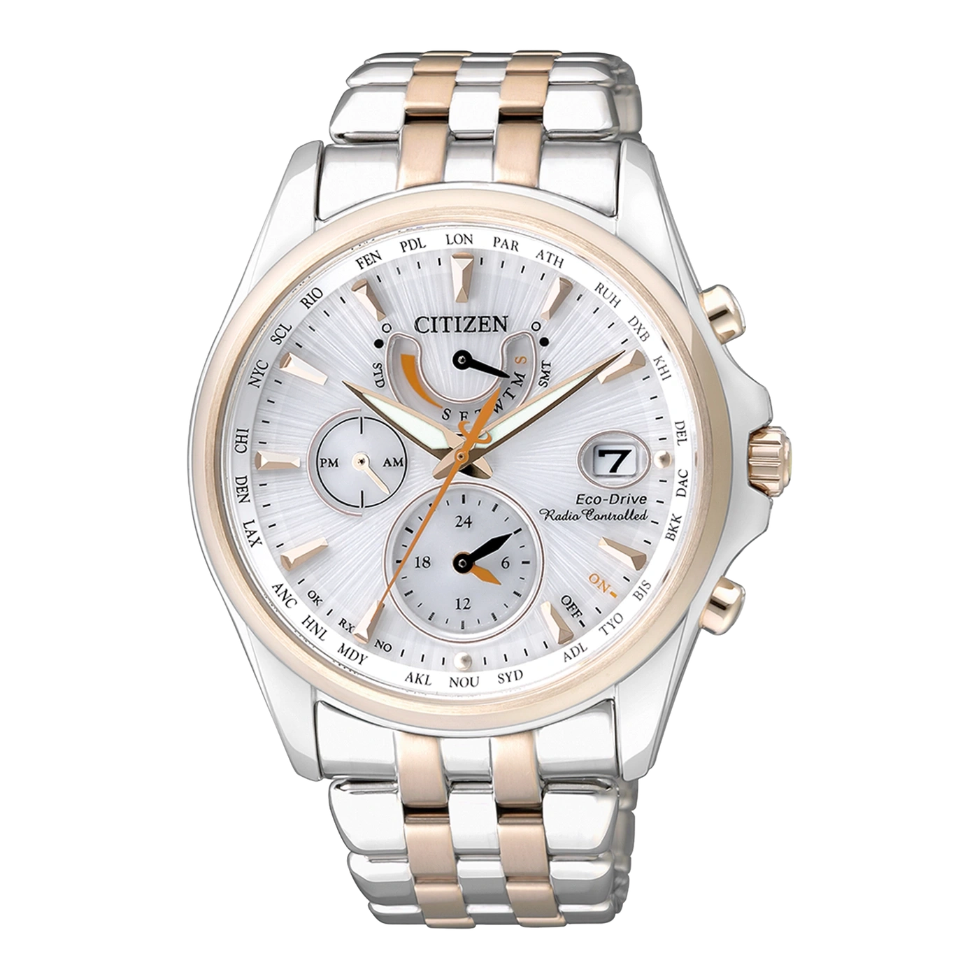 Citizen-Uhr mit Silber- und Goldakzenten, Weltzeit und Datumsanzeige.