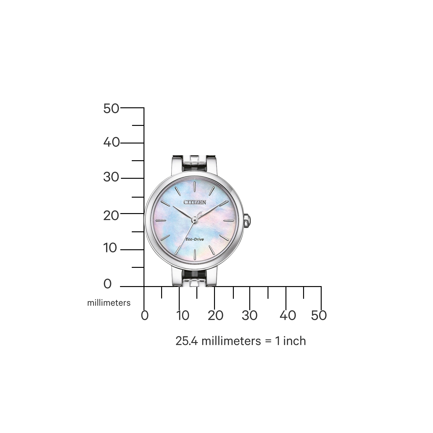 Citizen-Uhr mit Perlmuttzifferblatt, silbernem Armband und Maßstab.