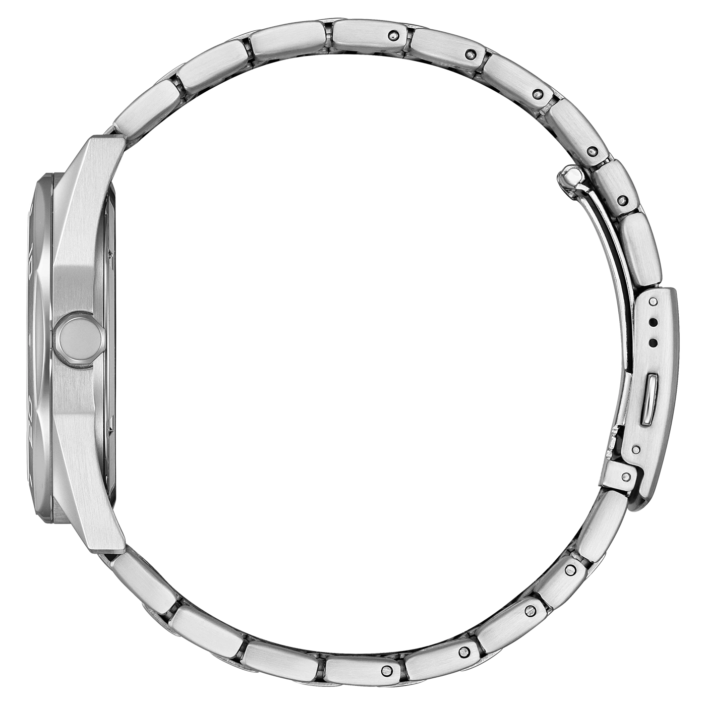 Seitenansicht einer silbernen Uhr mit Metallband, isoliert auf weißem Hintergrund.