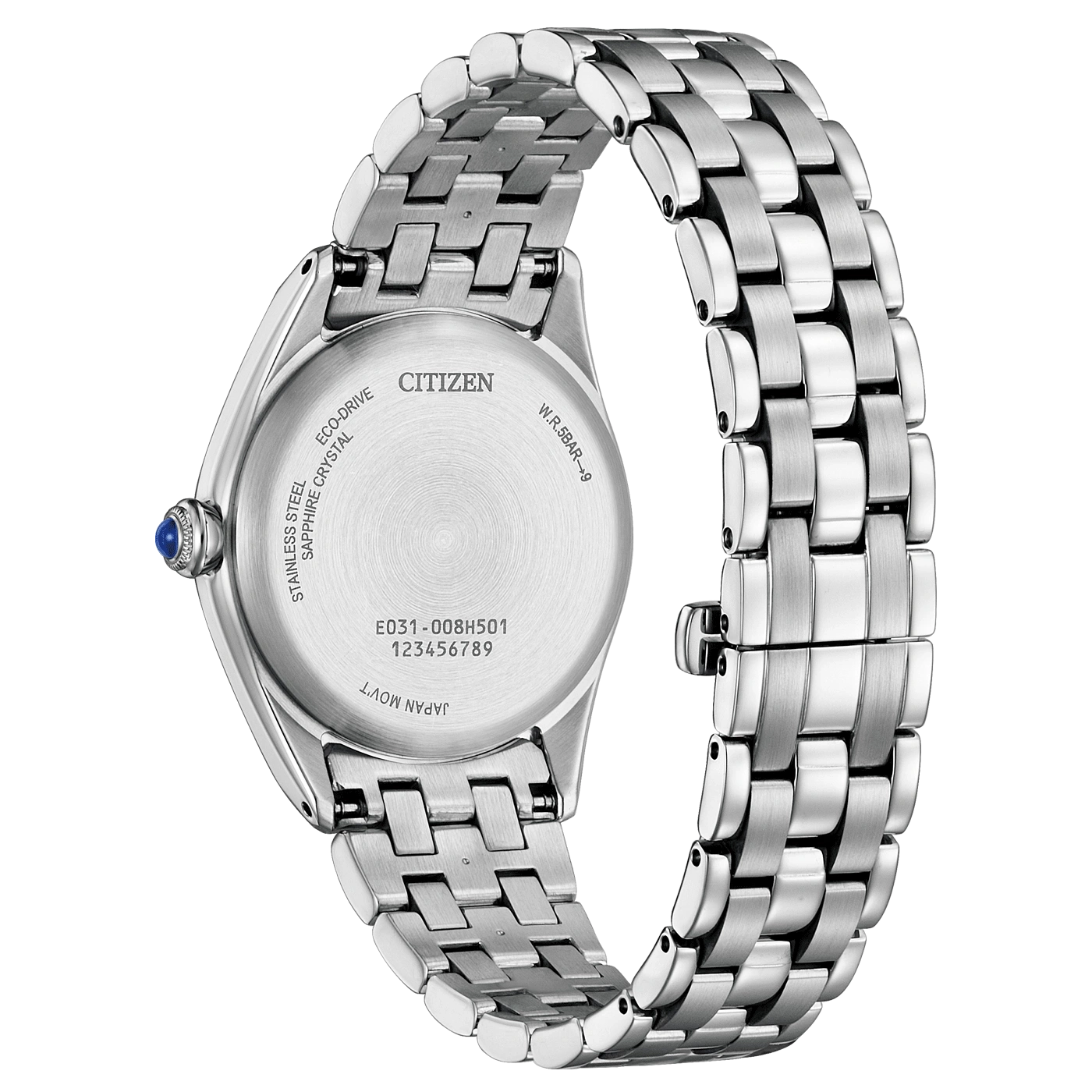 Citizen-Uhrenrückseite, Edelstahl, Saphirkristall, Eco-Drive, W.R.5BAR-9, Japan Movt.