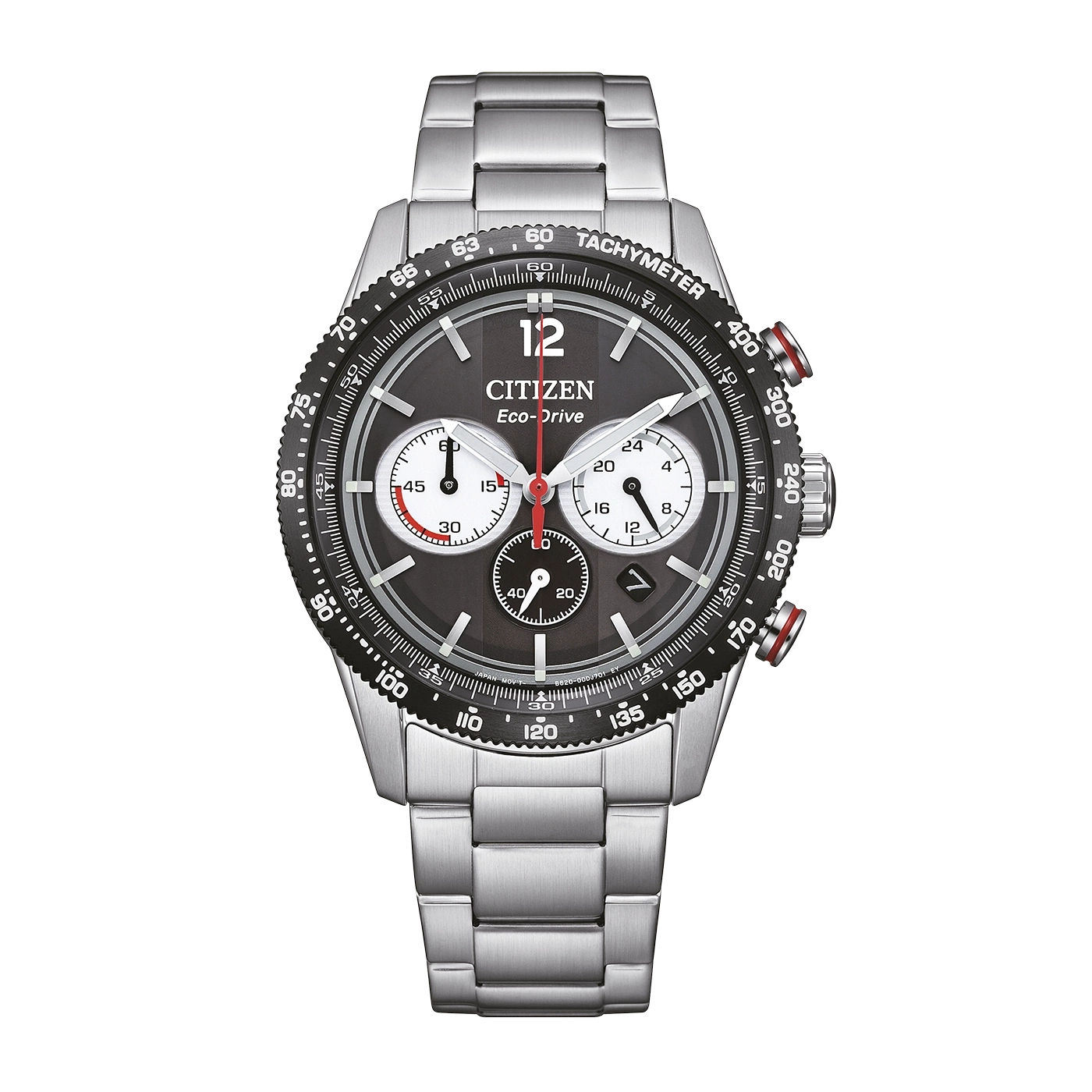 Eine Citizen Eco-Drive Chronographenuhr mit dunklem Zifferblatt und Edelstahlarmband.