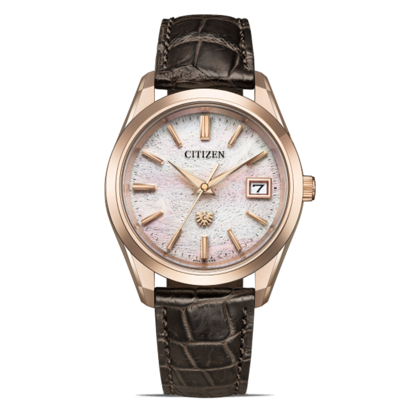 Citizen-Uhr mit roségoldenem Gehäuse und Lederarmband, elegantes Design.