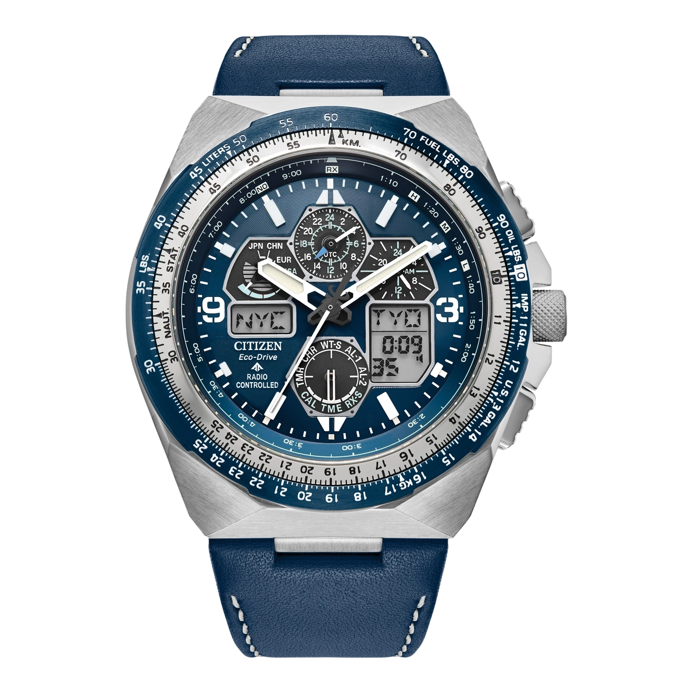 Citizen-Uhr mit blauem Zifferblatt, Lederarmband und vielfältigen Funktionen für die Luftfahrt.